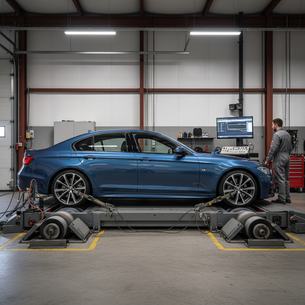 Sports sedan on a chassis dyno