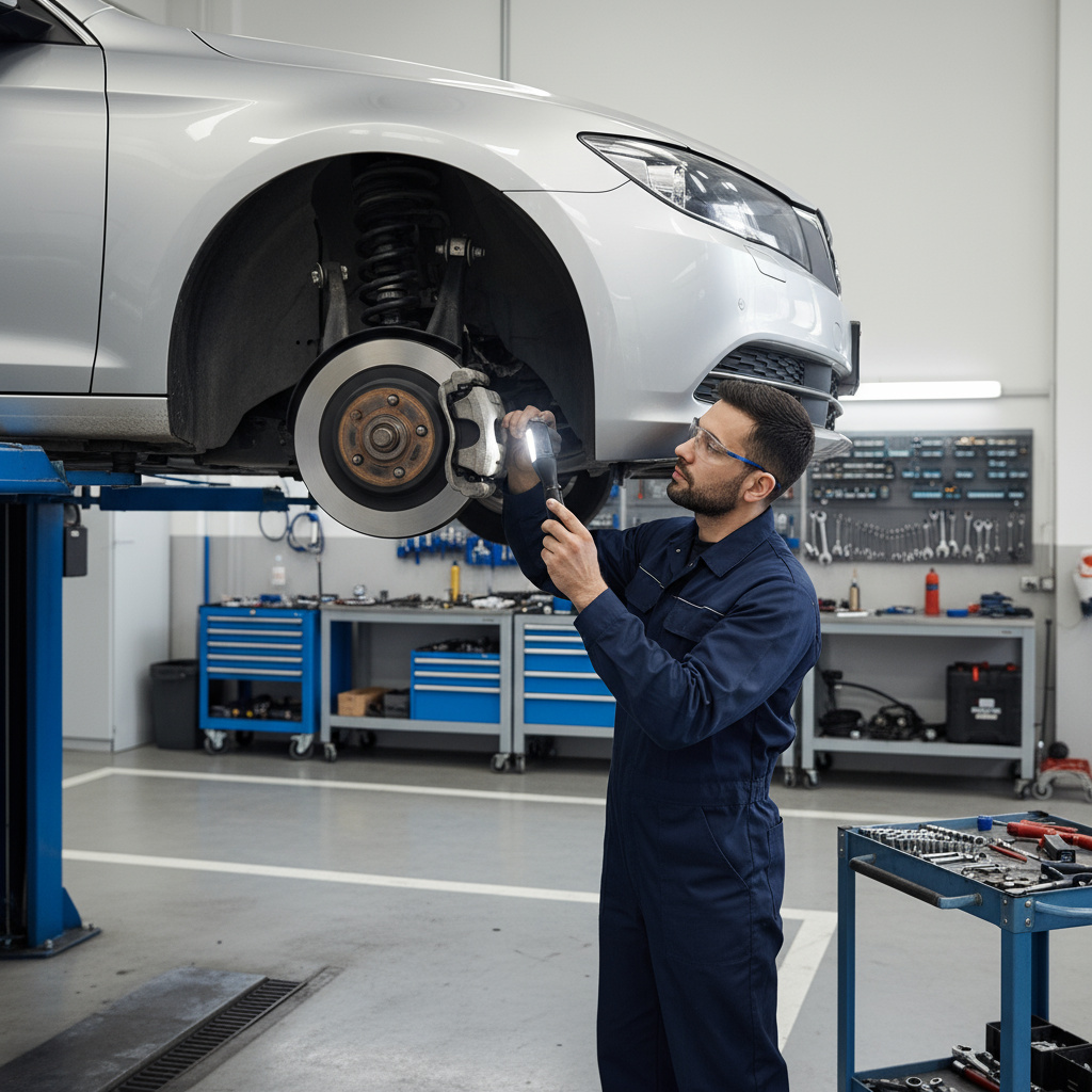 Technician inspecting suspension and brakes