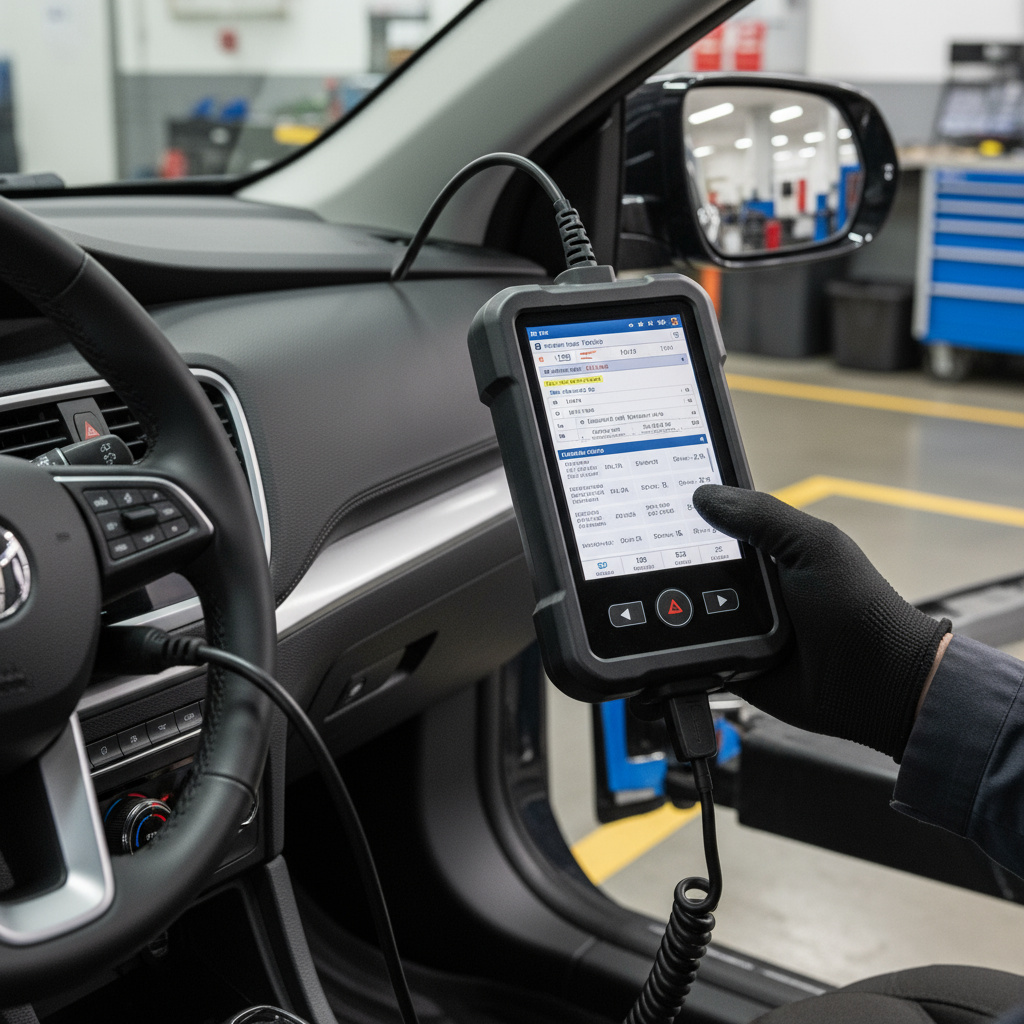 OBD-II scanner connected in a workshop